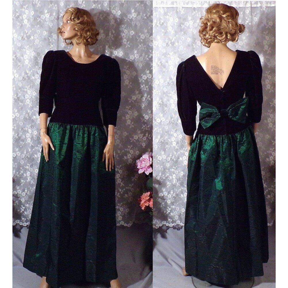 Vintage 80s Velvet Party Dress Size Small Black Dark Green Evening Holiday Glam